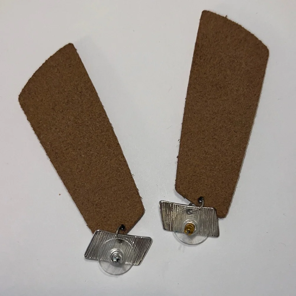 Silver Post with Gold Textured Dangle Lightweight Leather Earrings